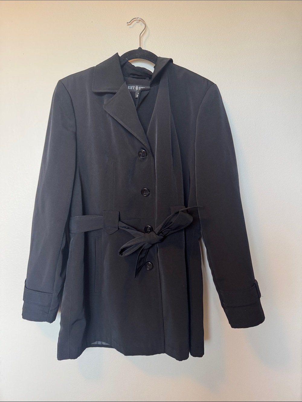 Fleet Street Black Belted Women's Coat Button Front